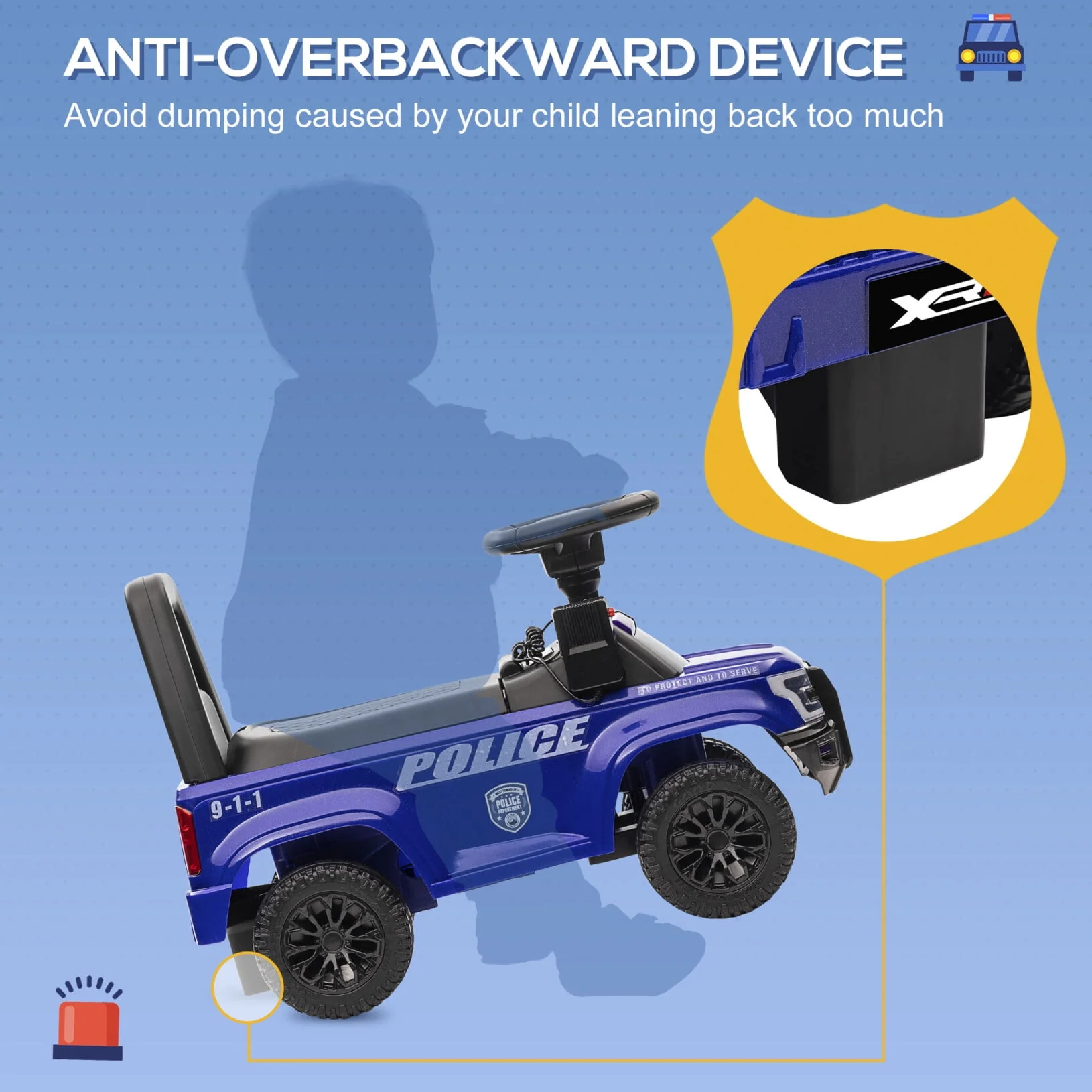 Kids Police Car Ride On Toy with Under Seat Storage Sliding Vehicle Musical Steering Push Car - Image 2