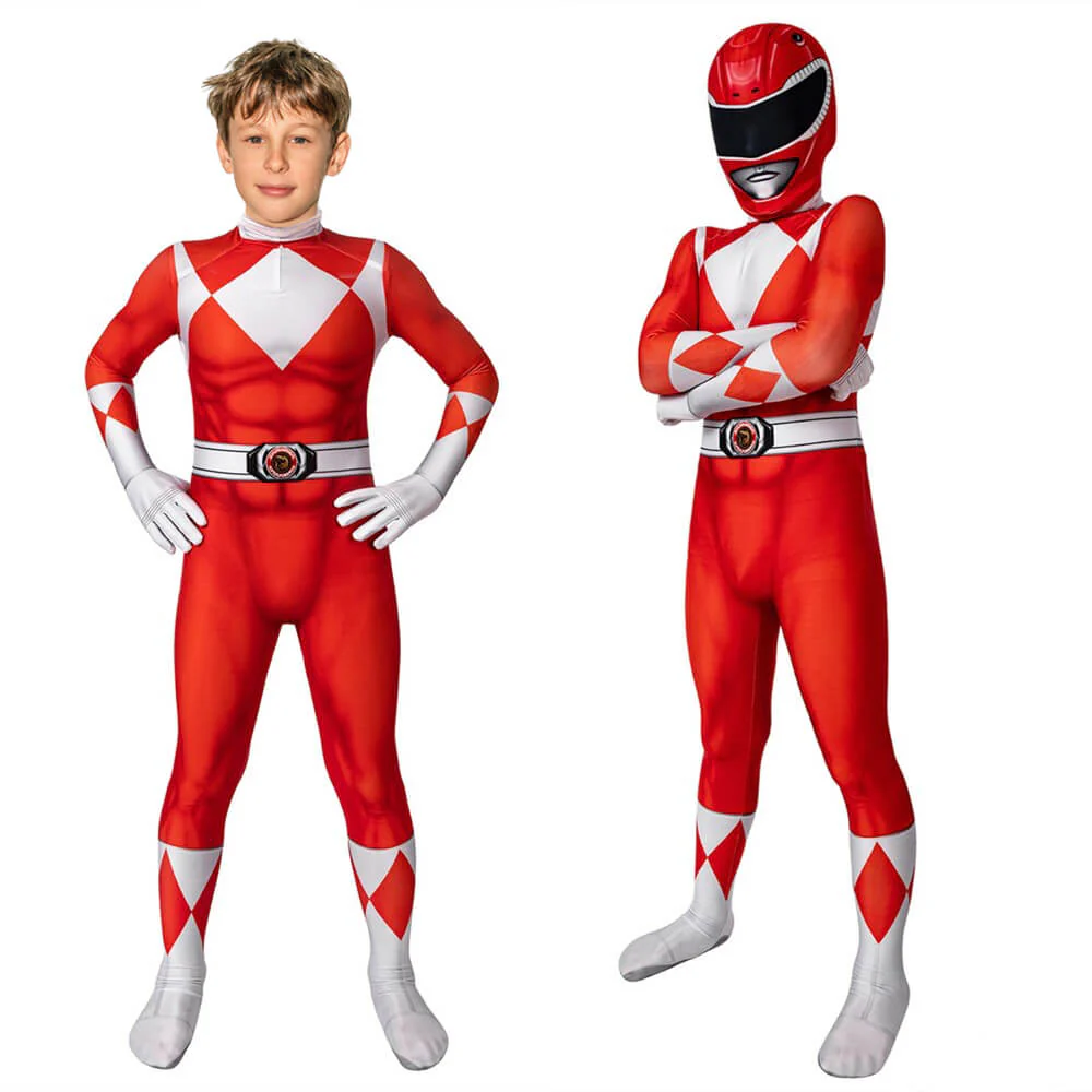 Kids Dragon Rangers Cosplay Costume Red Ranger Outfit MMPR Superhero Jumpsuit with Helmet