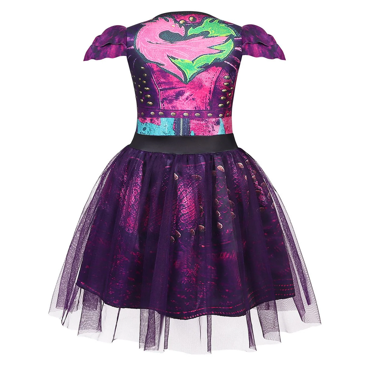 Kids Princess Mal Dress Queen Tulle Mesh Purple Costume and Wig for Party - Image 2
