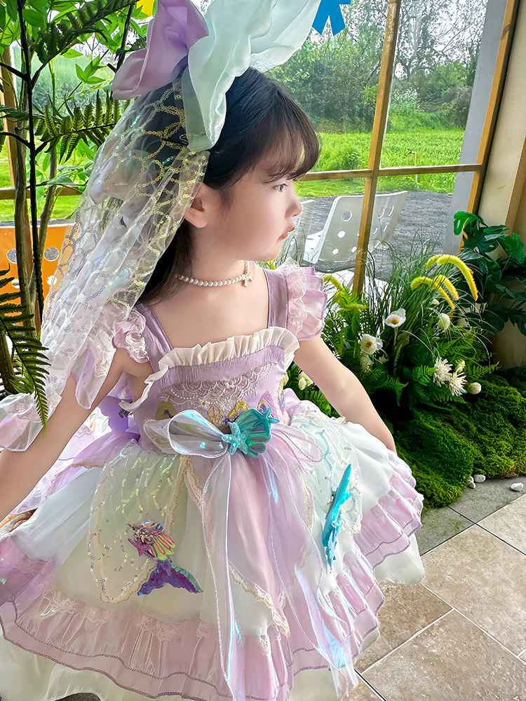 Kids Princess Mermaid Dress Multi Layer Lace Ball Gown Dress with Tulle Bow Veil - Image 2