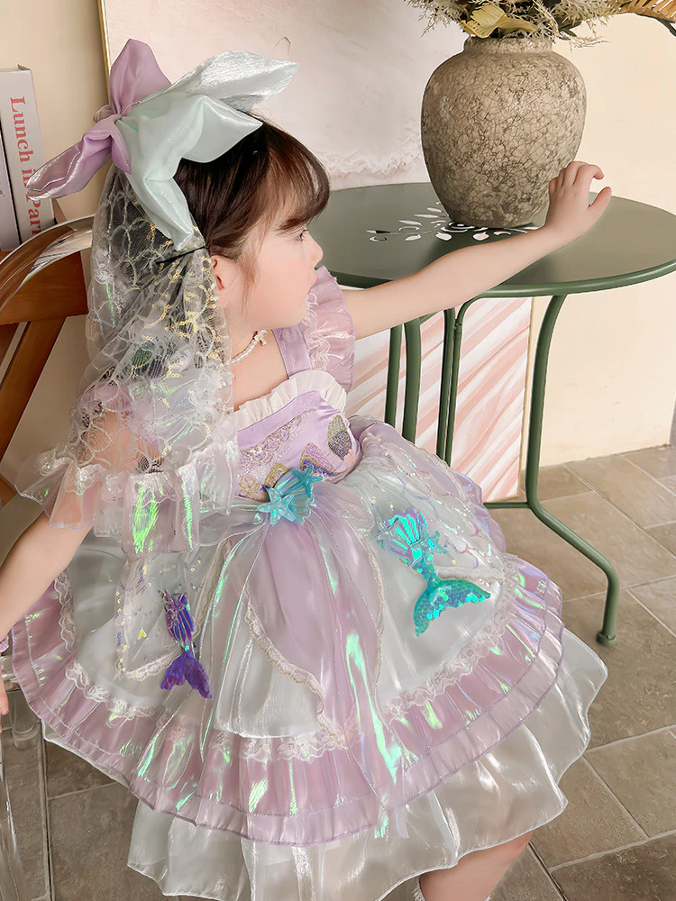 Kids Princess Mermaid Dress Multi Layer Lace Ball Gown Dress with Tulle Bow Veil - Image 3