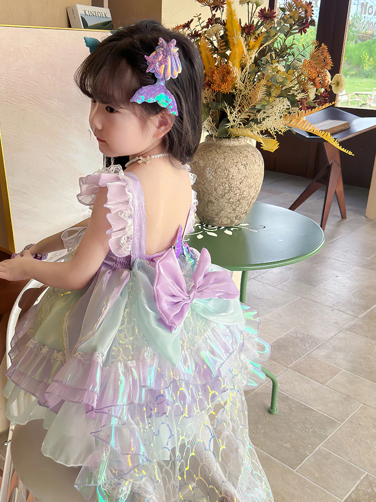 Kids Princess Mermaid Dress Multi Layer Lace Ball Gown Dress with Tulle Bow Veil - Image 4