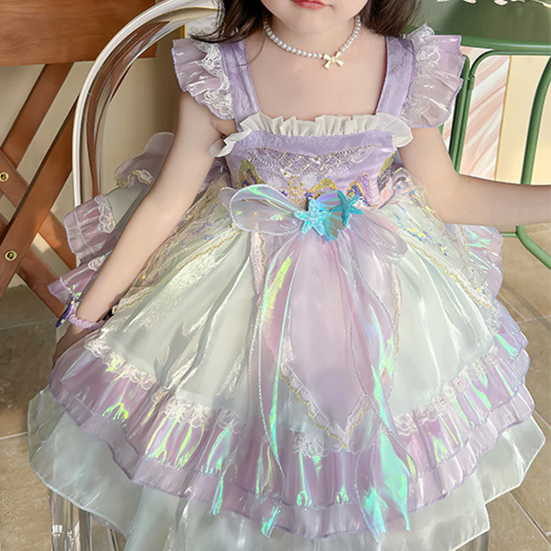 Kids Princess Mermaid Dress Multi Layer Lace Ball Gown Dress with Tulle Bow Veil - Image 6