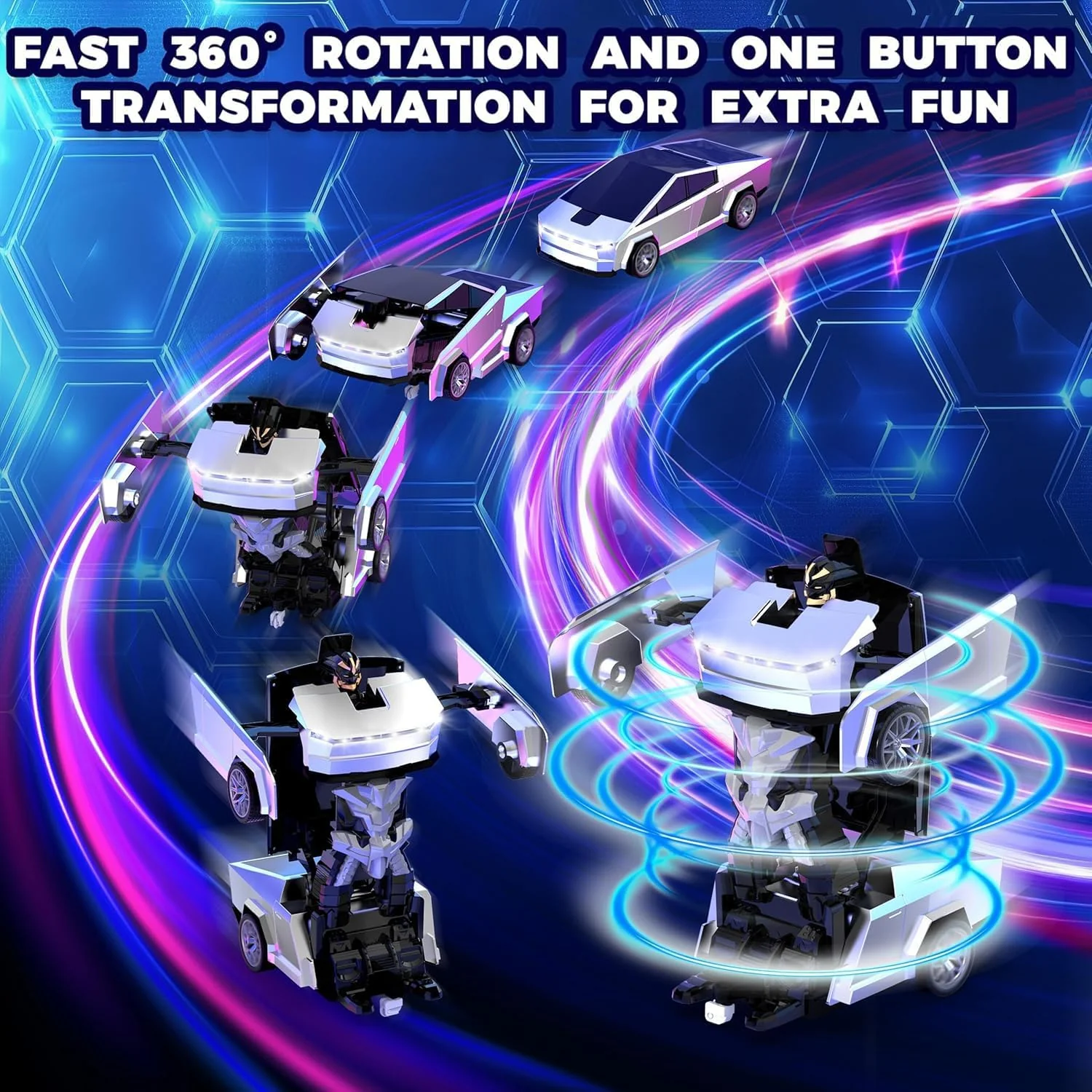 Kids Remote Control Car Cyber Truck Transformer Robot 360° Rotation Drift with LED Lights - Image 3