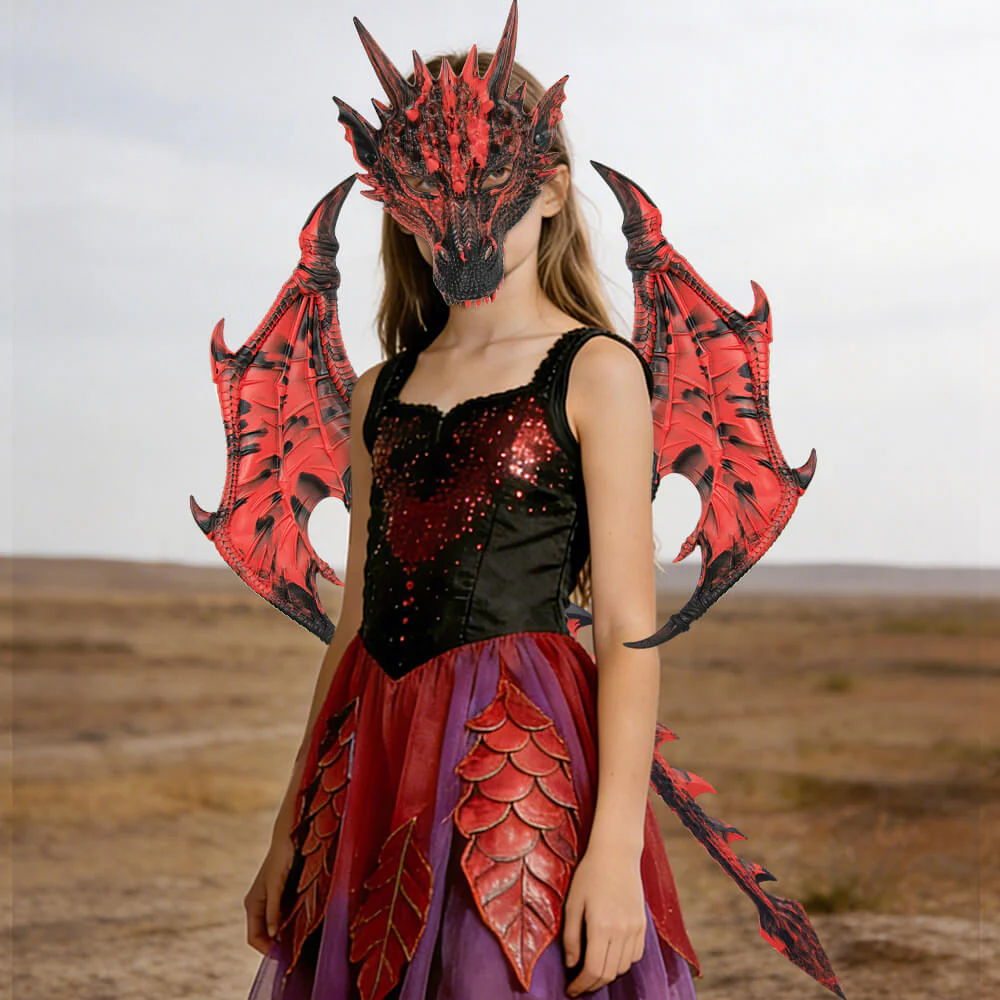 Kids RP Dragon Costume Set 3-Piece Mask Wings and Tail Fantasy Lightweight Cosplay for Theme Party