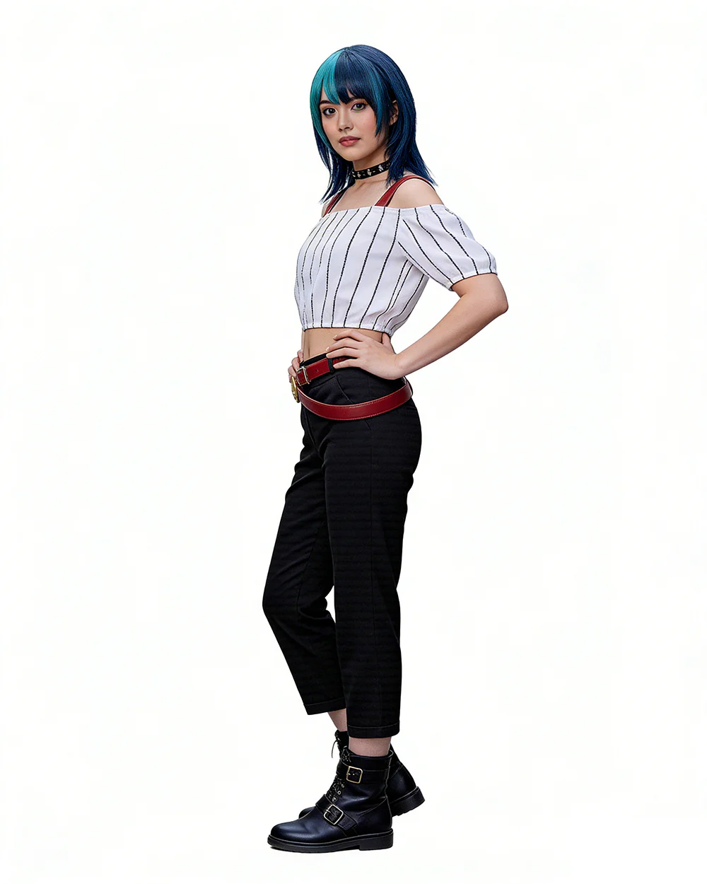 Kirara Outfit Striped Crop Top Flared Trousers with Spiked Choker and Double-layered Red Belts - Image 2