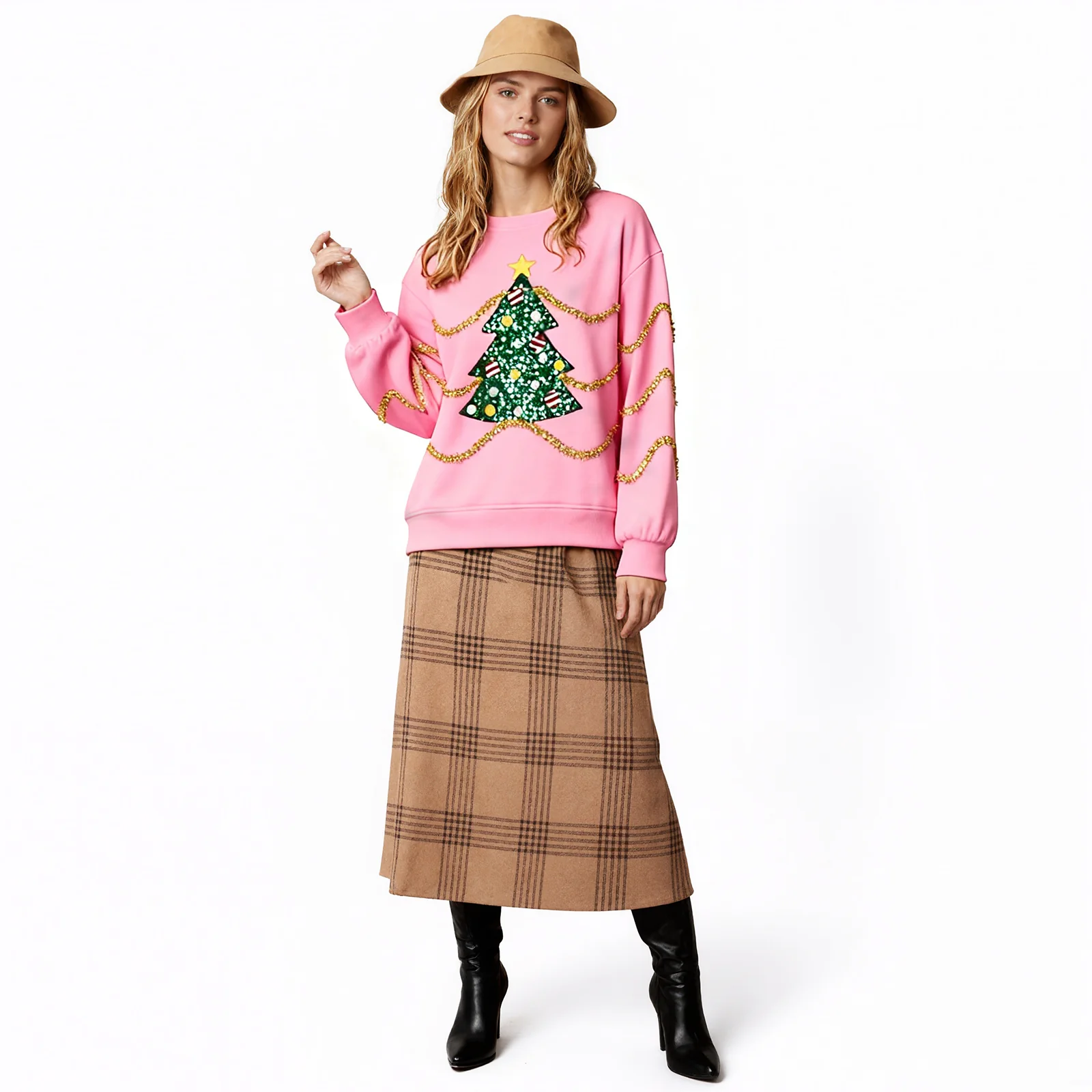 Women Christmas Top Holiday Party Outift Sequin Xmas Tree and Stripes Sweatshirt - Image 2