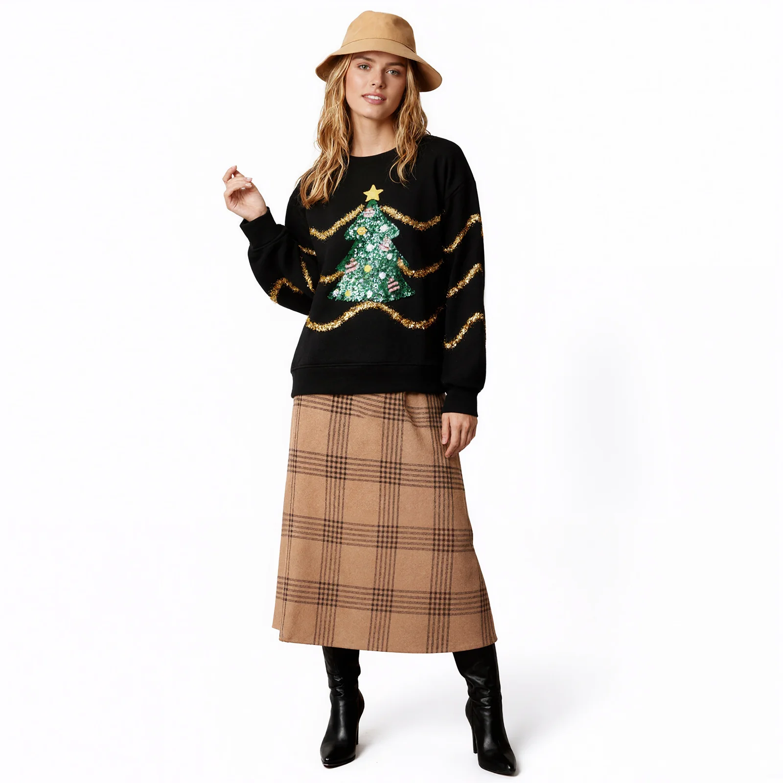 Women Christmas Top Holiday Party Outift Sequin Xmas Tree and Stripes Sweatshirt - Image 3