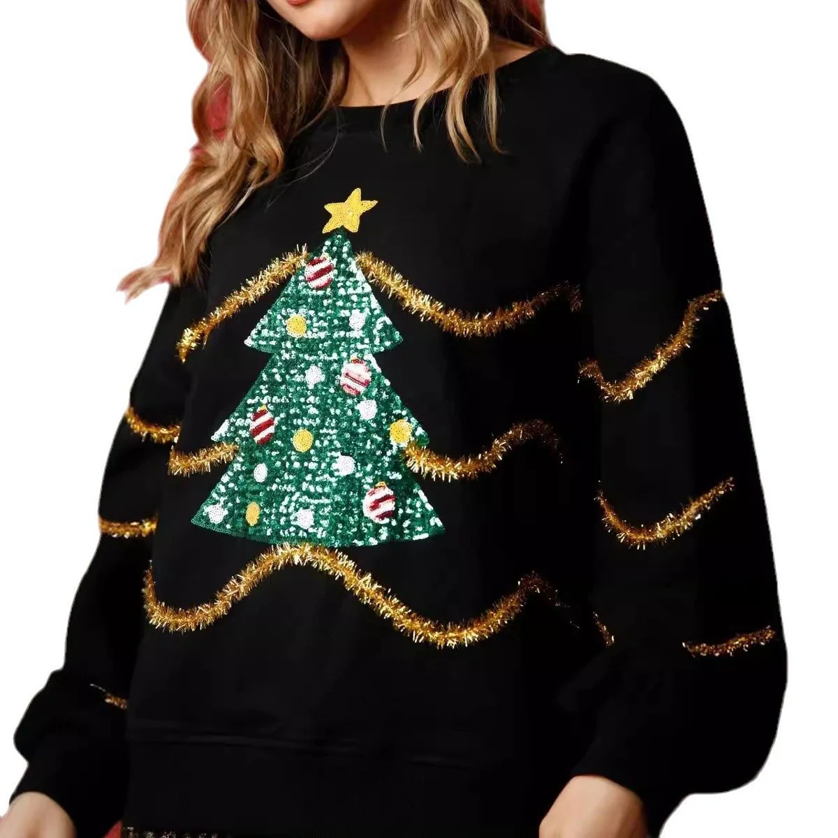 Women Christmas Top Holiday Party Outift Sequin Xmas Tree and Stripes Sweatshirt - Image 4
