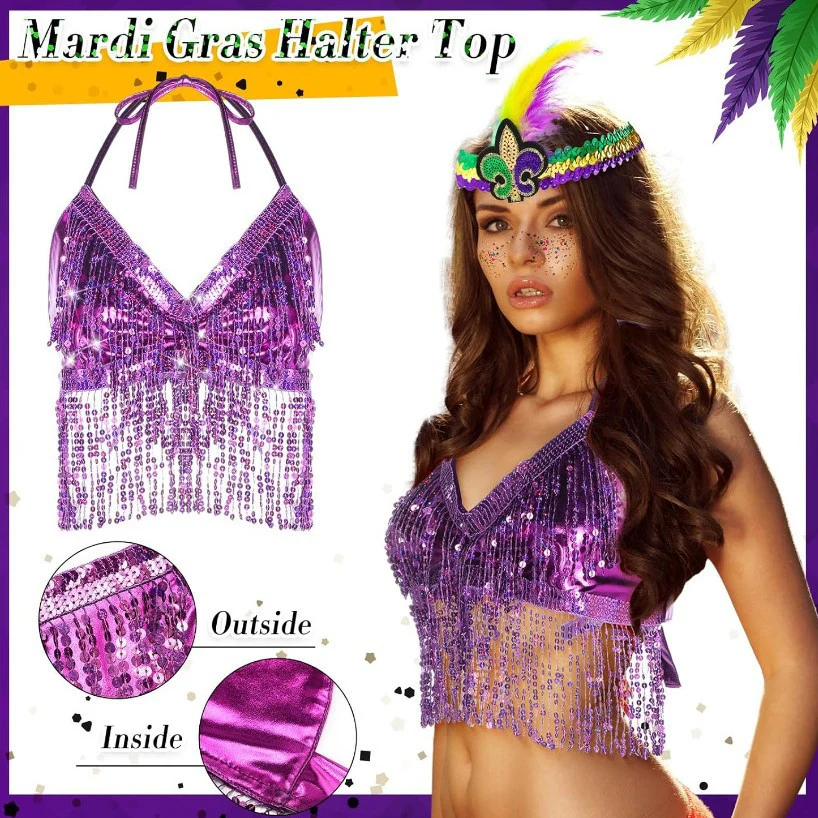 Ladies Mardi Gras Outfits Sequin Tassel Tops Skirt and Headband for Carnival - Image 3