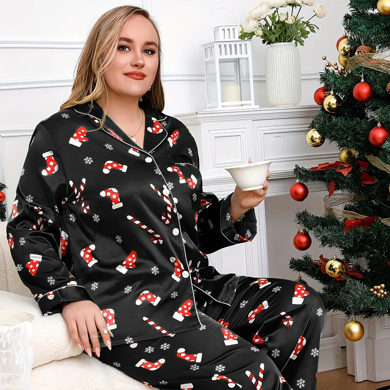 Lady Christmas Sleepwear Plus Size Satin PJS with Christmas Candy Cane for A Cozy Holiday - Image 8