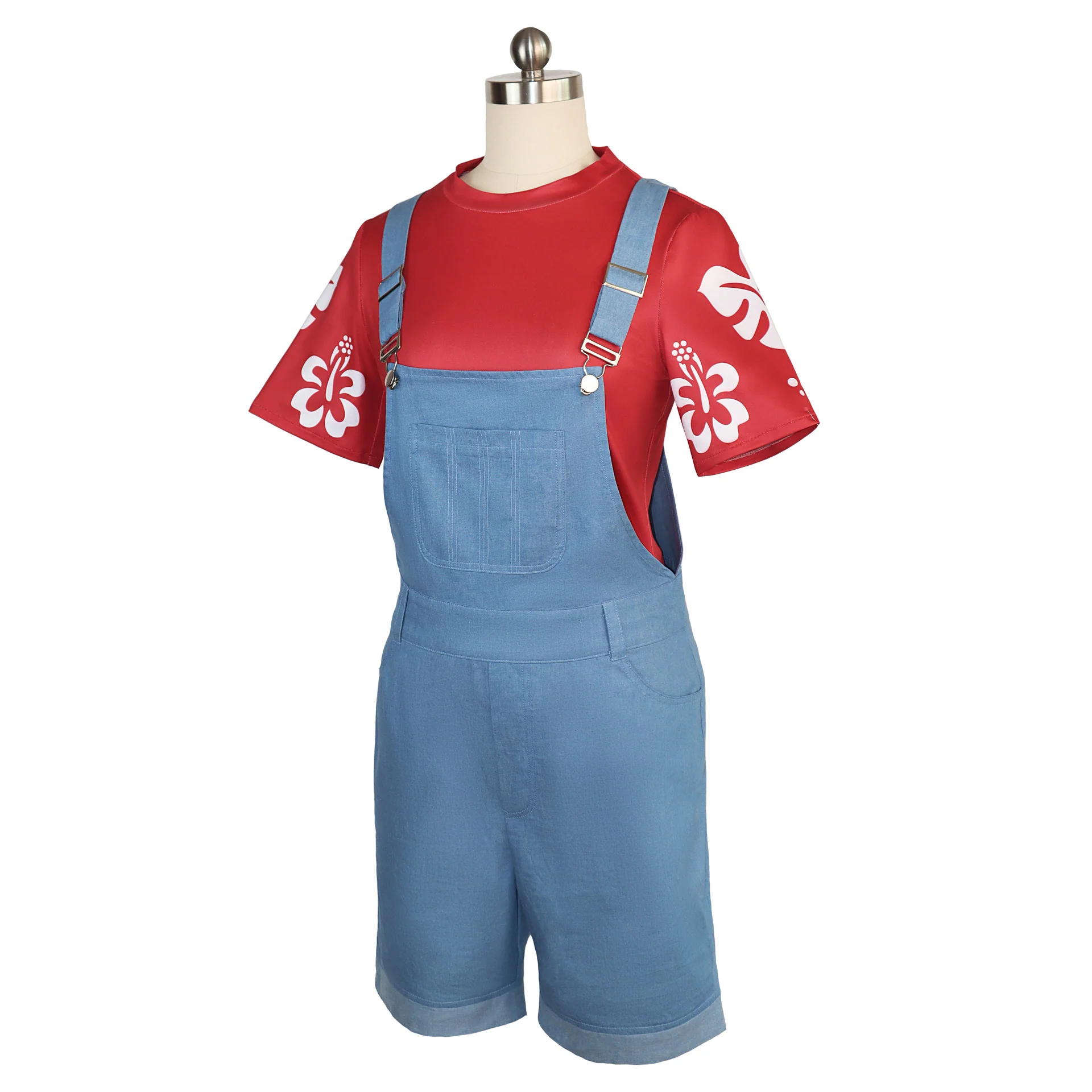 Little Girl Pelekai Costume Red T-shirt and Blue Overalls Hawaiian Weired Girl Casual Set - Image 3