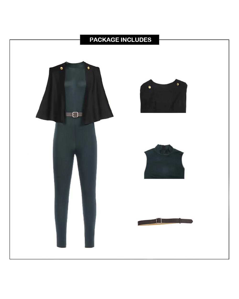 Maki Costume Dark Green Sorceress Outfit Jumpsuit with Black Cape and Belt - Image 8