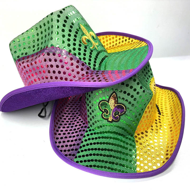 Mardigra Hat Carnival Cowboy Hat with Fleur De Lis Flower Unisex Parade Accessories - Image 3