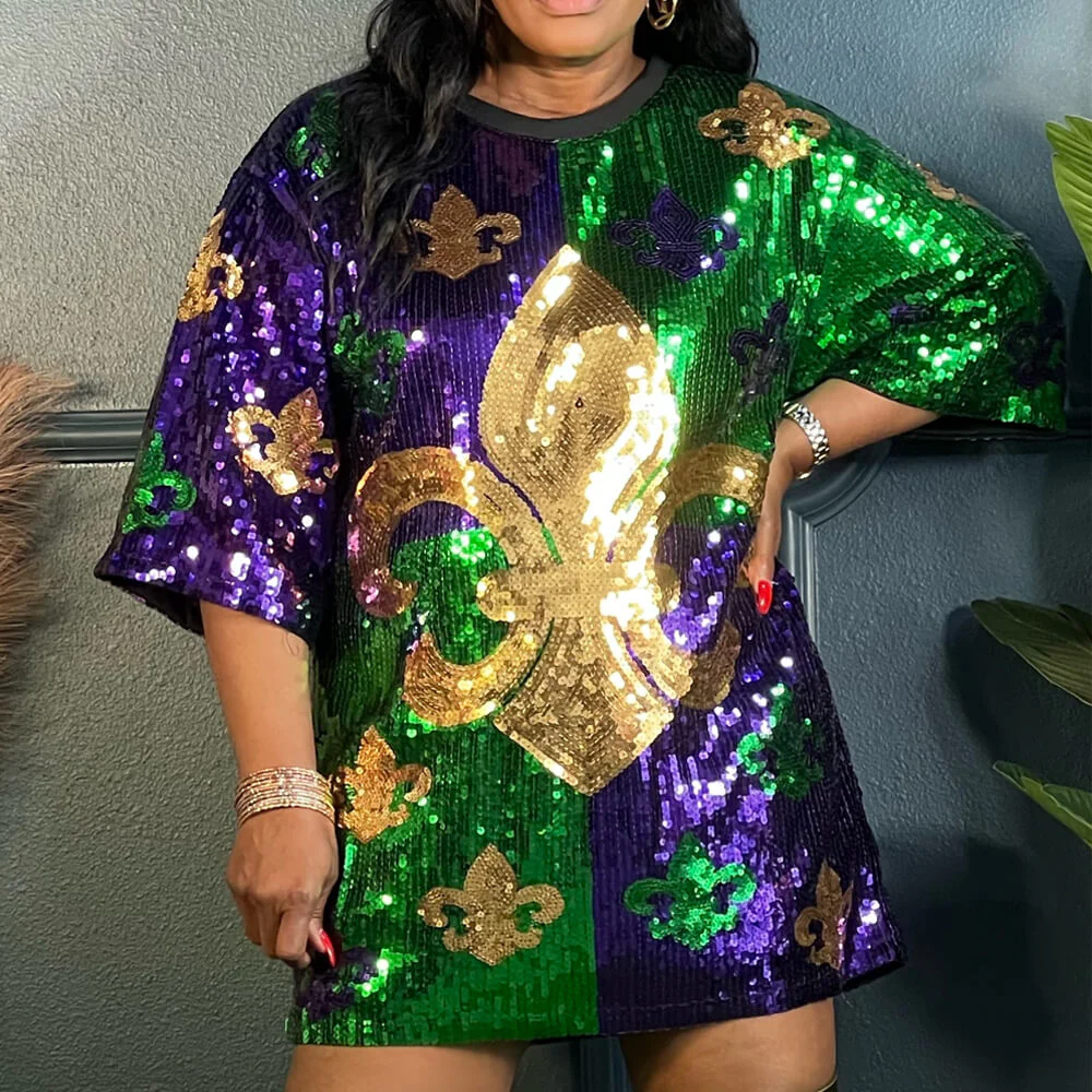 MardiGra Sequin Party Dress Casual Fleur De Lis Flower Shirt Carnival Costume for Women - Image 3