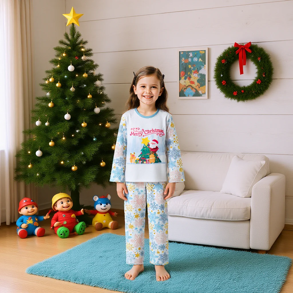 Matching Christmas Sleepwear Light Blue Xmas Pajamas Casual Loungewear for Family - Image 4