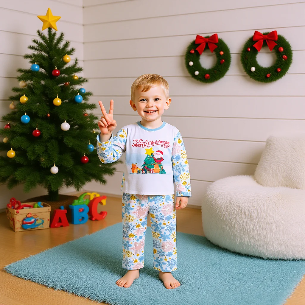 Matching Christmas Sleepwear Light Blue Xmas Pajamas Casual Loungewear for Family - Image 5