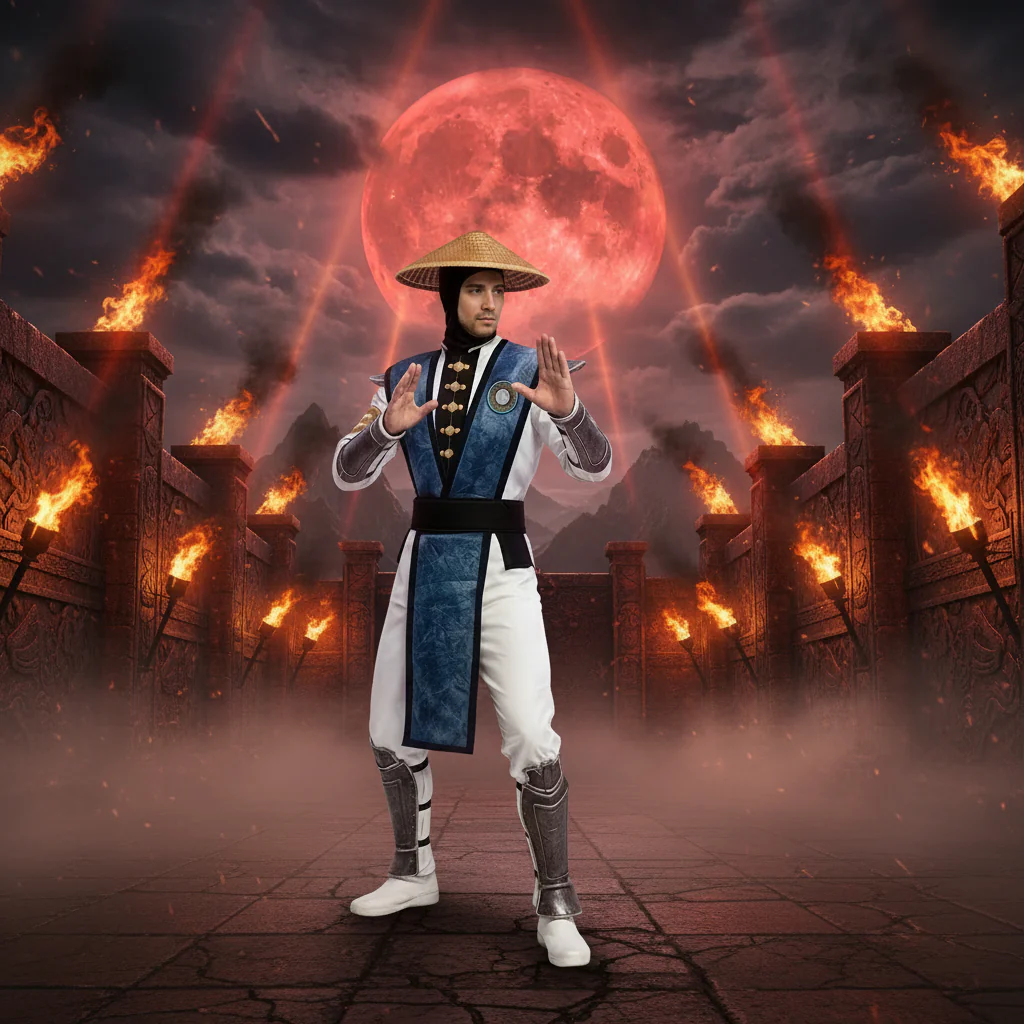 Men's Thunder God Costume Blue Warrior Suit with Iconic Bamboo Hat for Themed Gaming Events