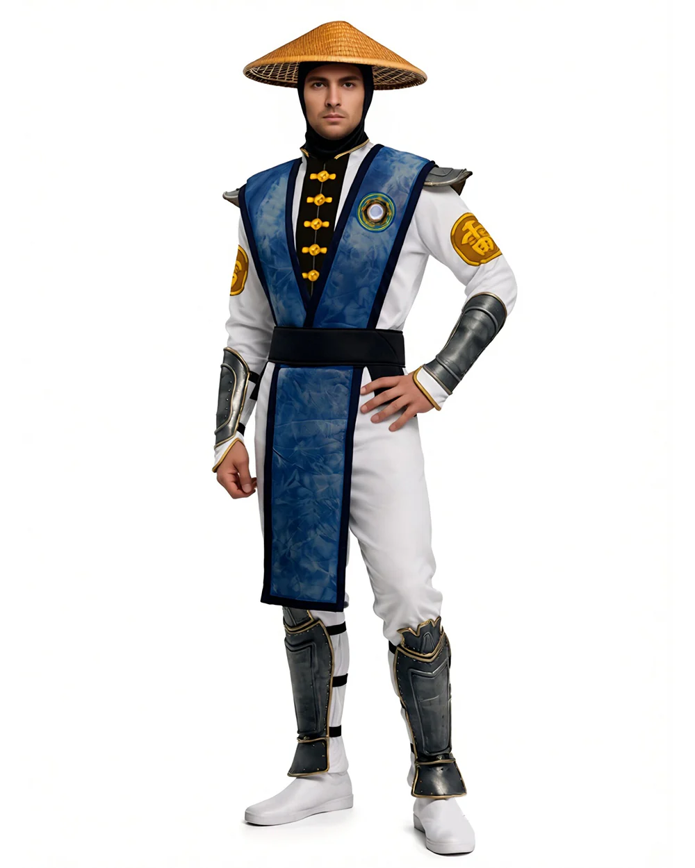 Men's Thunder God Costume Blue Warrior Suit with Iconic Bamboo Hat for Themed Gaming Events - Image 2