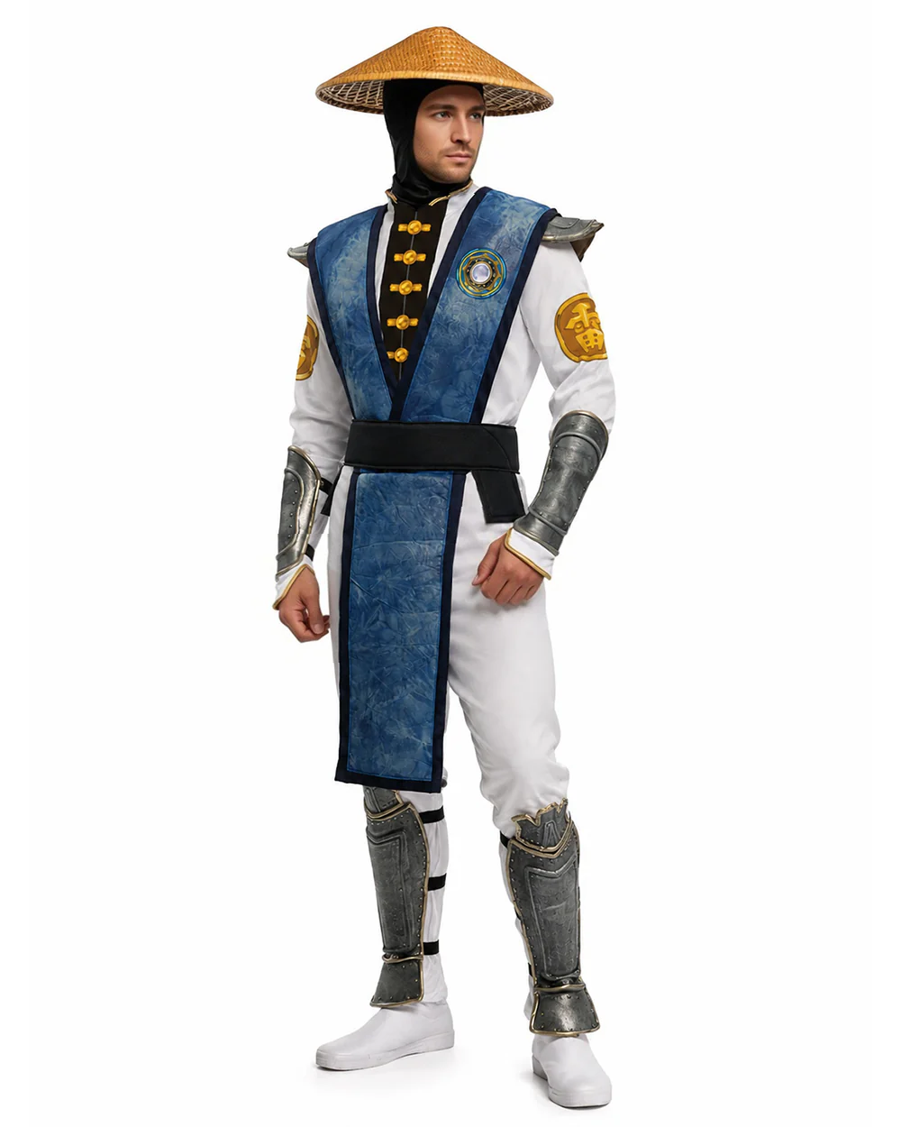 Men's Thunder God Costume Blue Warrior Suit with Iconic Bamboo Hat for Themed Gaming Events - Image 3