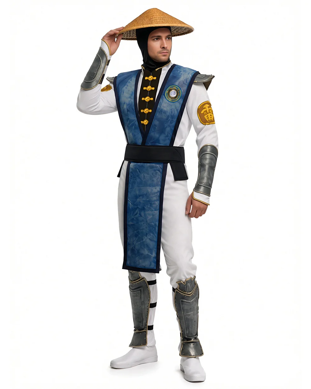 Men's Thunder God Costume Blue Warrior Suit with Iconic Bamboo Hat for Themed Gaming Events - Image 5