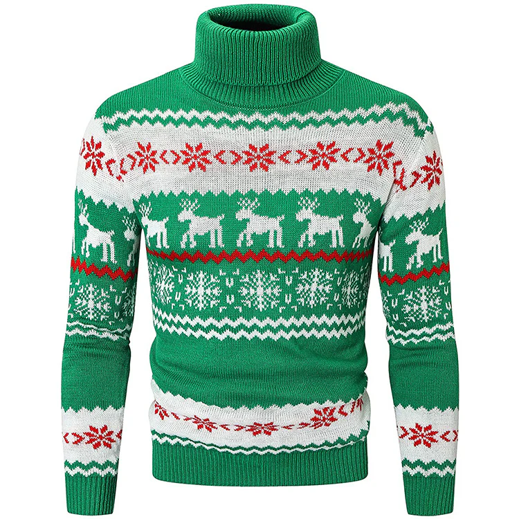 Men's Ugly Christmas Sweater Brothers Green Pullover Turtleneck Sweater - Image 2