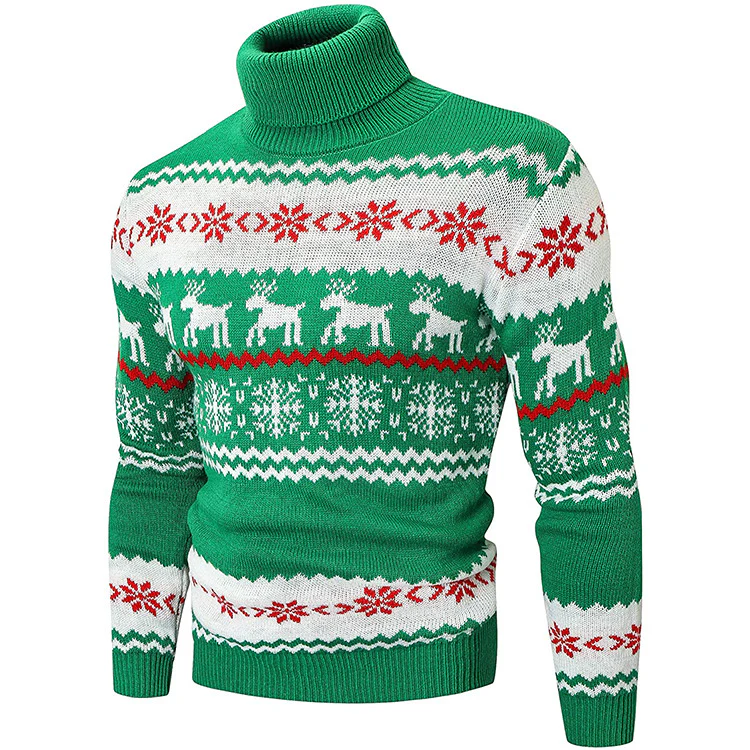 Men's Ugly Christmas Sweater Brothers Green Pullover Turtleneck Sweater - Image 3