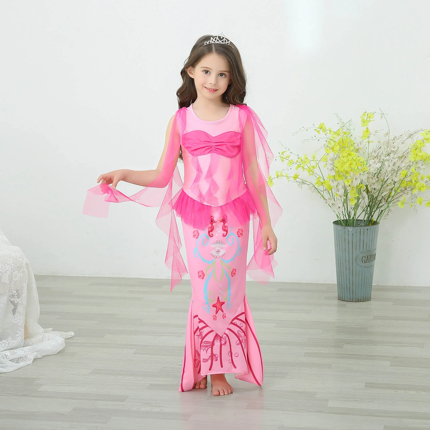 Kids Mermaid Hot Pink Dress Princess Ariel Beach Vacation Cosplay Dress with Tail Wig and Headband Accessories