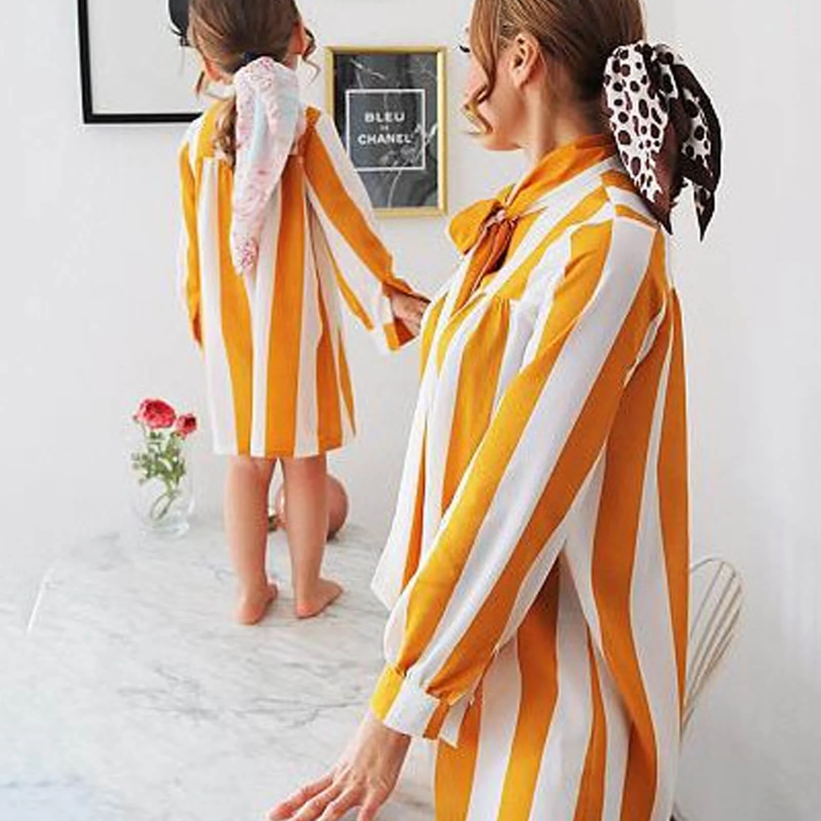 Mommy and Me Chiffon Dresses Daughter Mom Matching Striped Party Outfits - Image 2