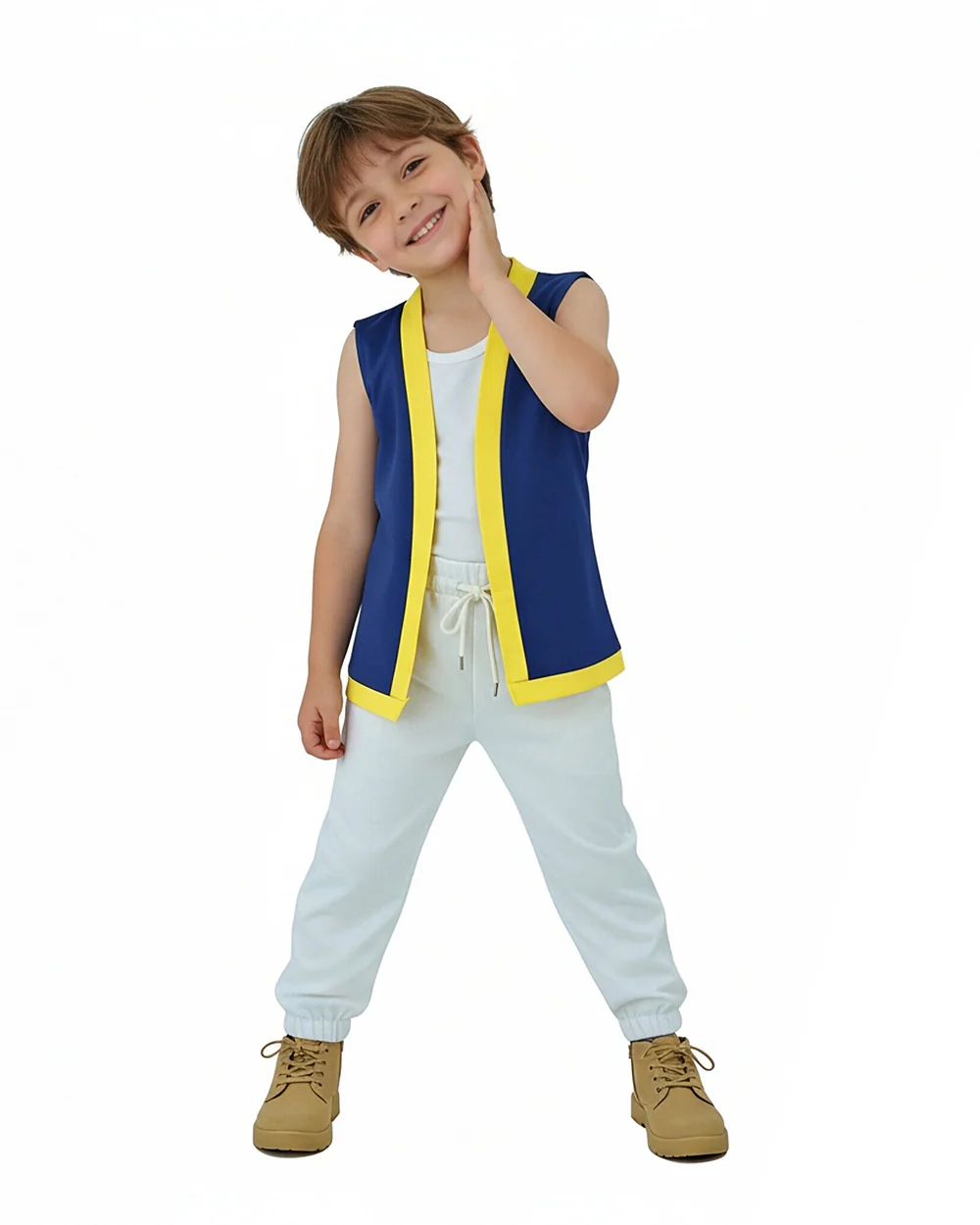 Mushroom Costume Blue Open-front Vest with White Pants and Plush Hat for Cosplay Party - Image 4