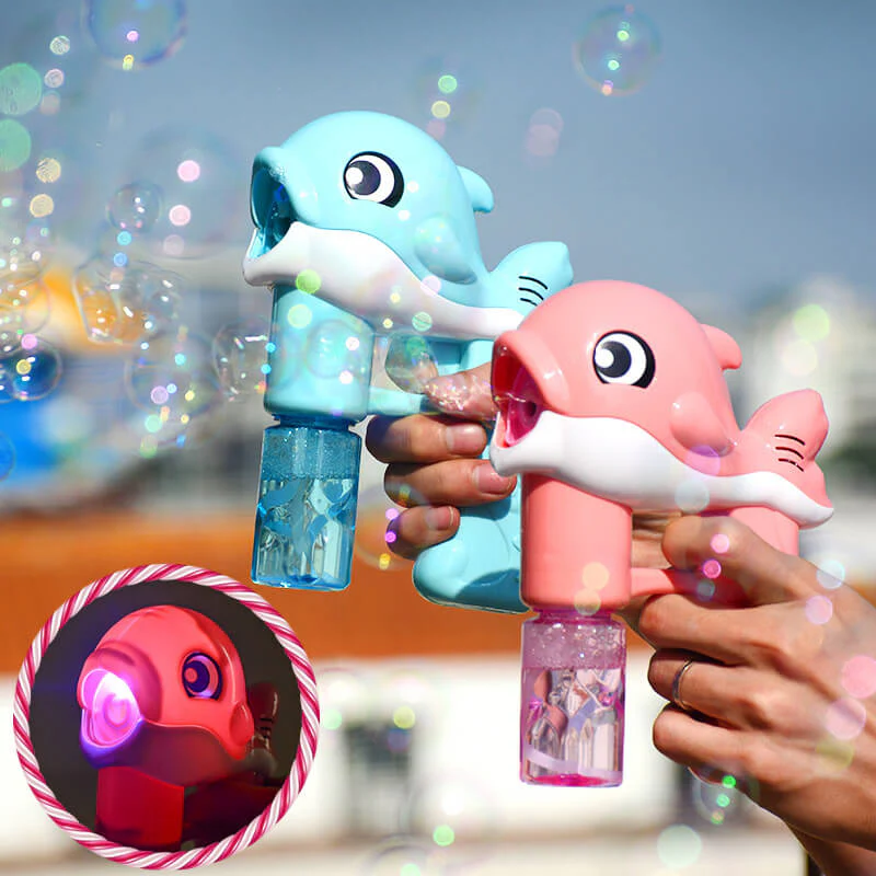 New Flashing Light Up Kids Dolphin Magic Bubble Maker Gun Summer Toys - Image 3