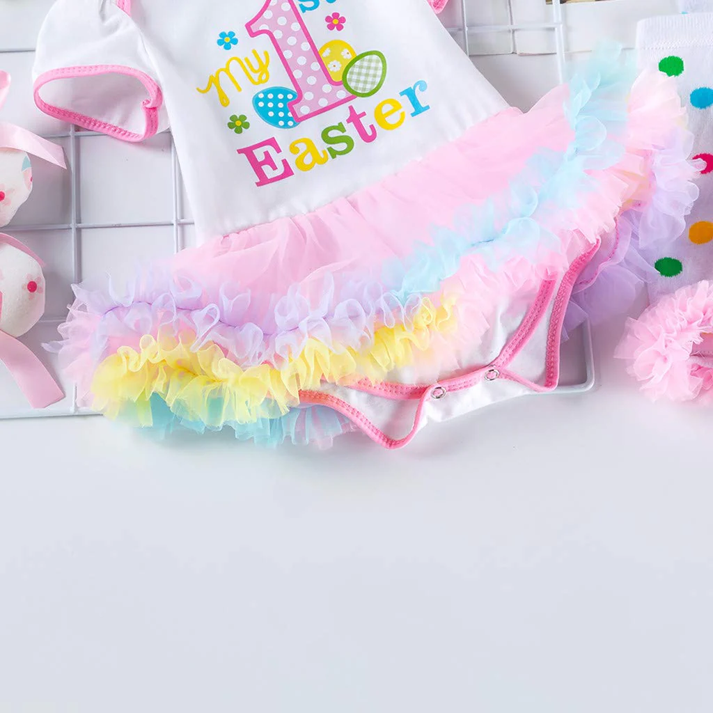 Baby Girl 1st Easter Dress Rompers Skirt with Headband Leggings and Shoes ”My First Easter" Dress - Image 6