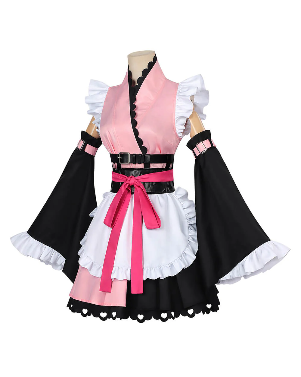 Noi Kimono Pink Maid Outfit with Ruffled Apron and Bell Sleeves for Halloween Cosplay - Image 5