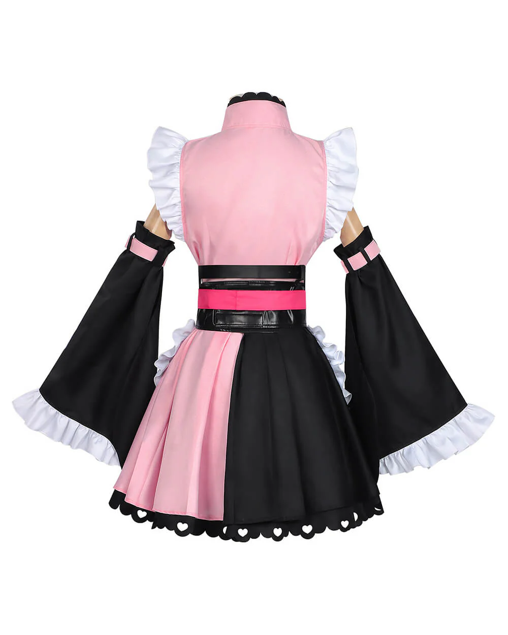 Noi Kimono Pink Maid Outfit with Ruffled Apron and Bell Sleeves for Halloween Cosplay - Image 6
