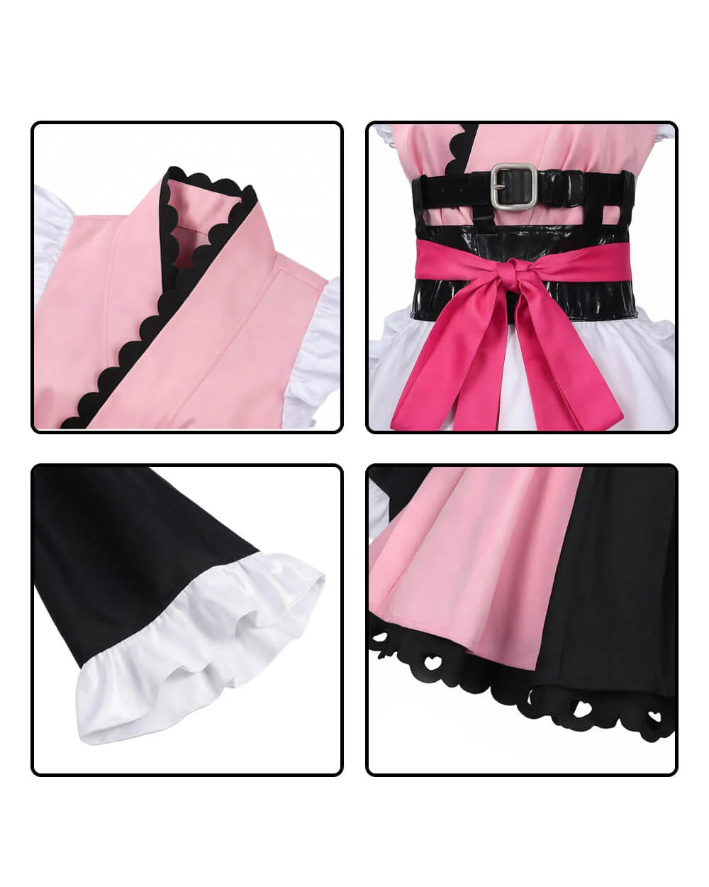 Noi Kimono Pink Maid Outfit with Ruffled Apron and Bell Sleeves for Halloween Cosplay - Image 7
