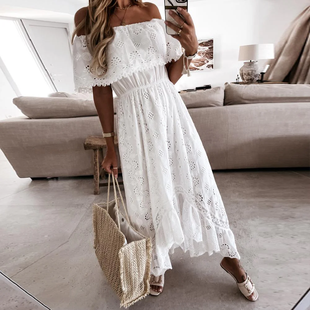 Off Shoulder Floral Hollow Ruffle Trim Asymmetrical Hem Dress - Image 6