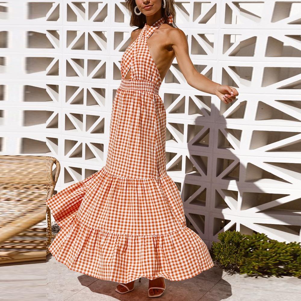 Orange Halter Neck Plaid Tie Back Ruffle Hem Dress - Image 2