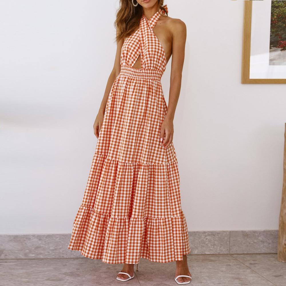 Orange Halter Neck Plaid Tie Back Ruffle Hem Dress - Image 3