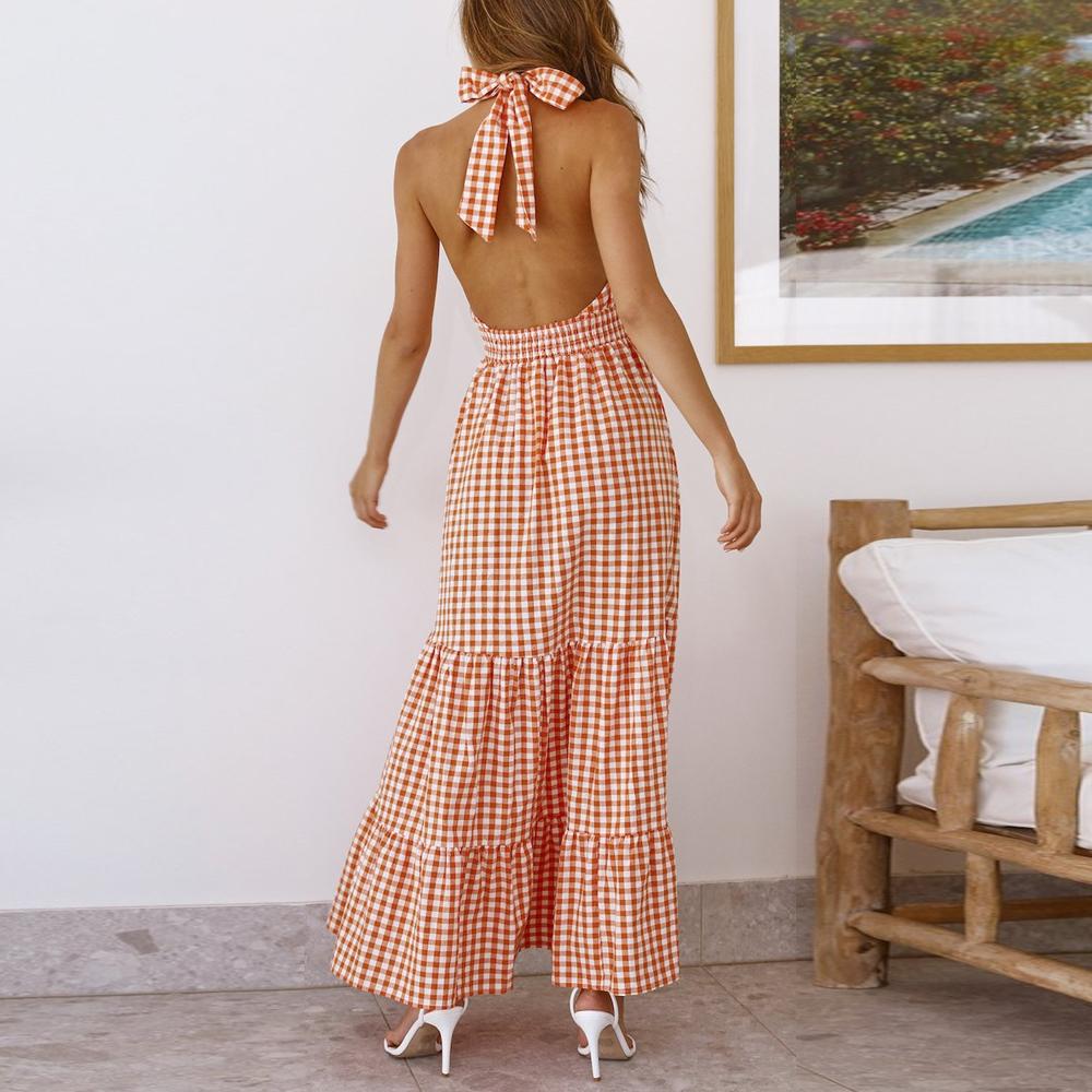 Orange Halter Neck Plaid Tie Back Ruffle Hem Dress - Image 4