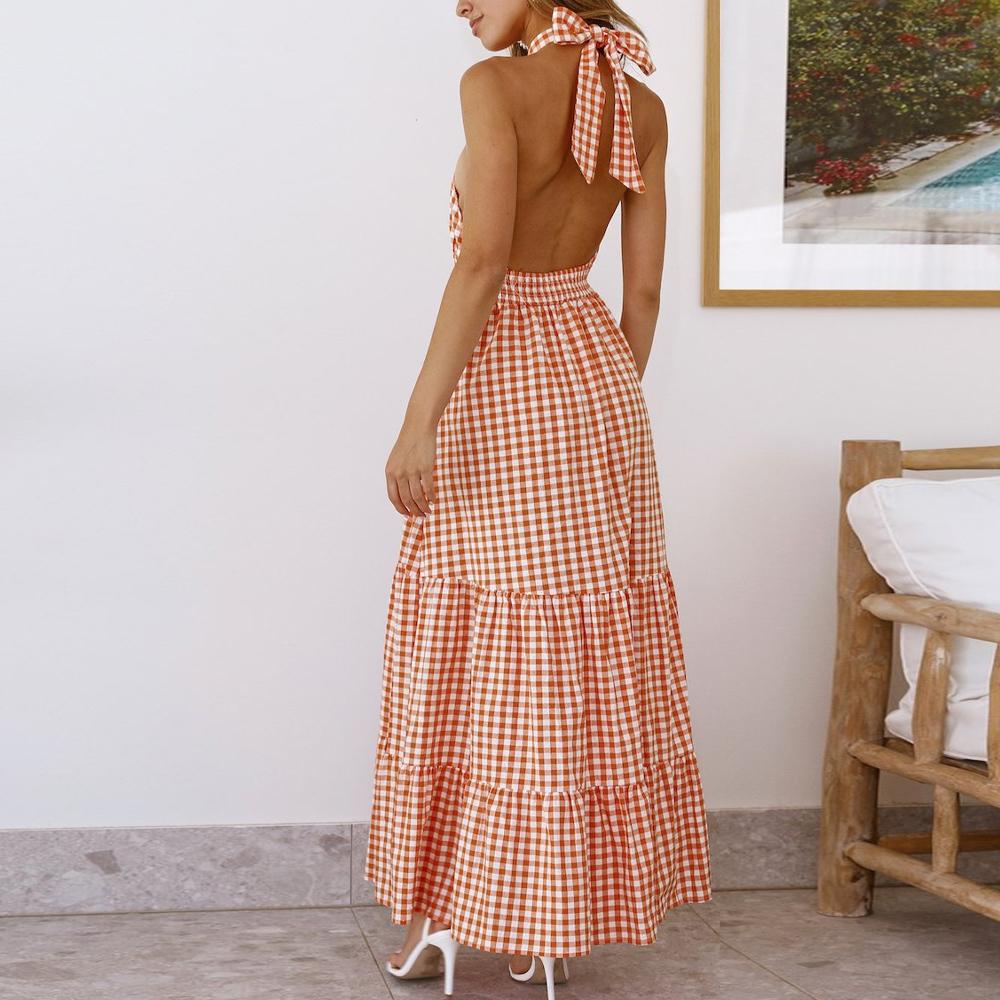 Orange Halter Neck Plaid Tie Back Ruffle Hem Dress - Image 5