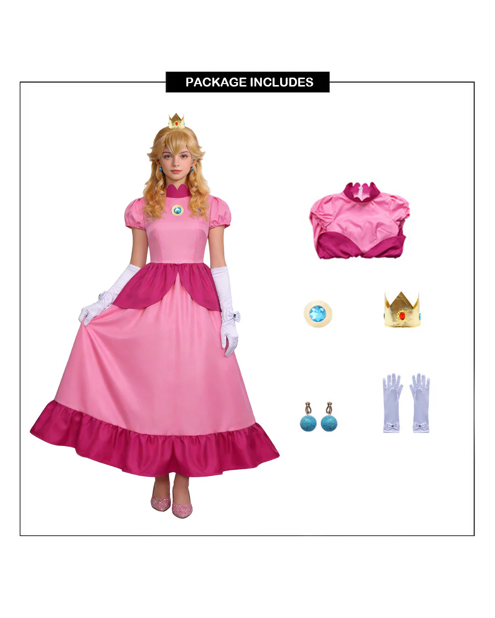 Pink Princess Cosplay Costume Set Dress with Crown Earrings Brooch and Long Gloves - Image 10