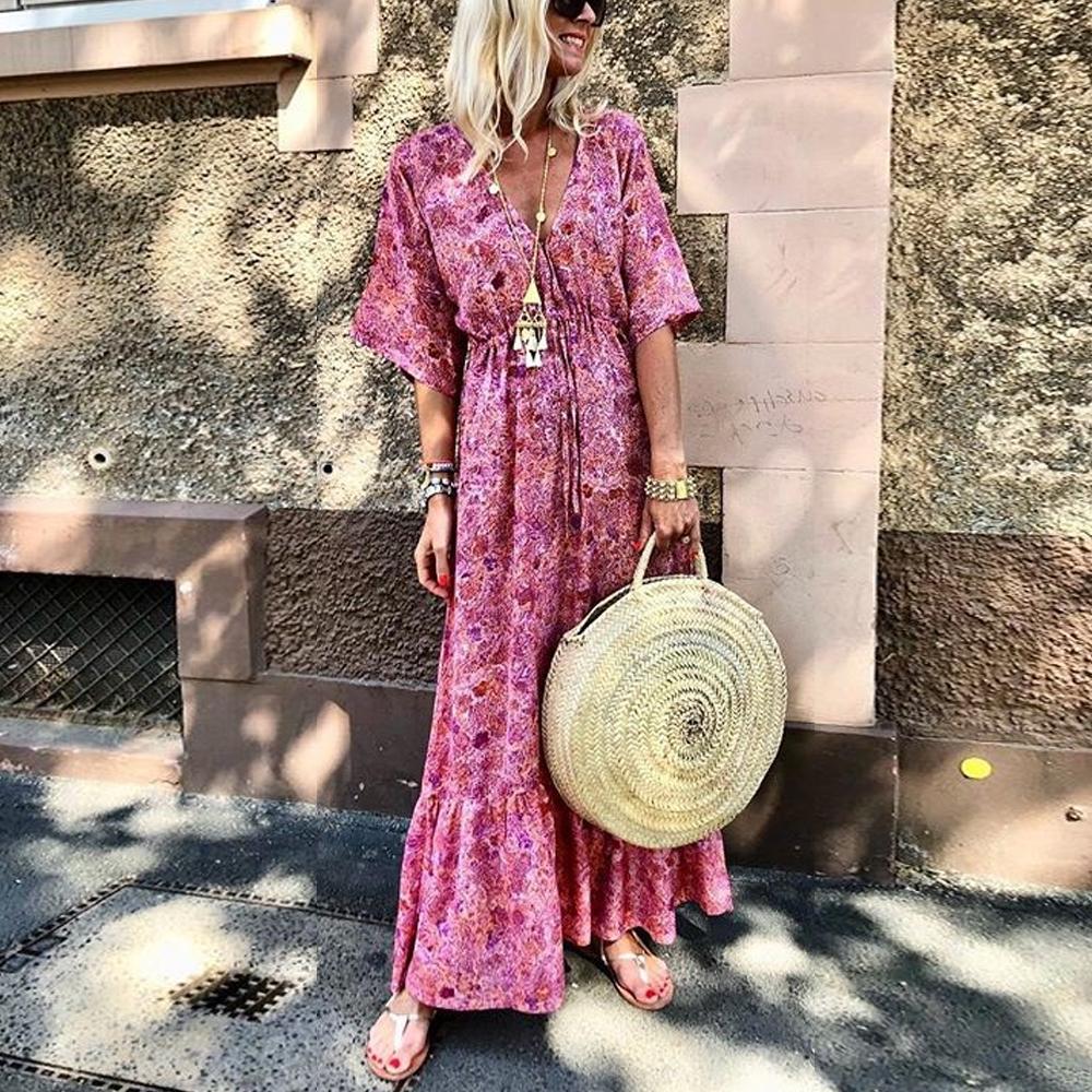 Pink V Neck Floral Print Tie Waist Half Sleeve Ruffle Hem Long Dress - Image 2