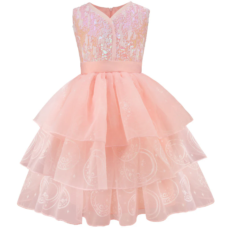 Pink Witch Dress Girls Sequin Tulle Gown with Layered Skirt Elegant Princess Costume - Image 3