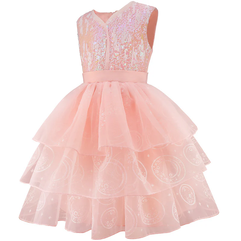 Pink Witch Dress Girls Sequin Tulle Gown with Layered Skirt Elegant Princess Costume - Image 4