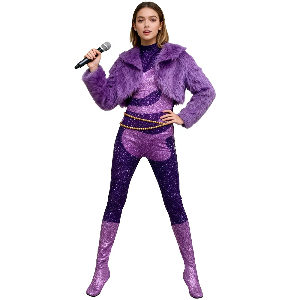Pop Star Performance Costume Purple Sparkling Sequin Jumpsuit and Faux Fur Coat Outfit - Image 3