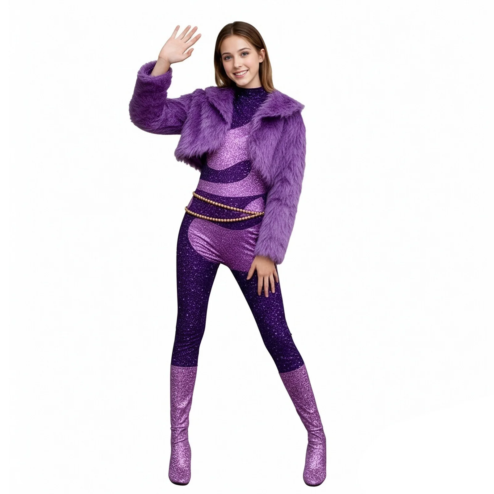 Pop Star Performance Costume Purple Sparkling Sequin Jumpsuit and Faux Fur Coat Outfit - Image 4