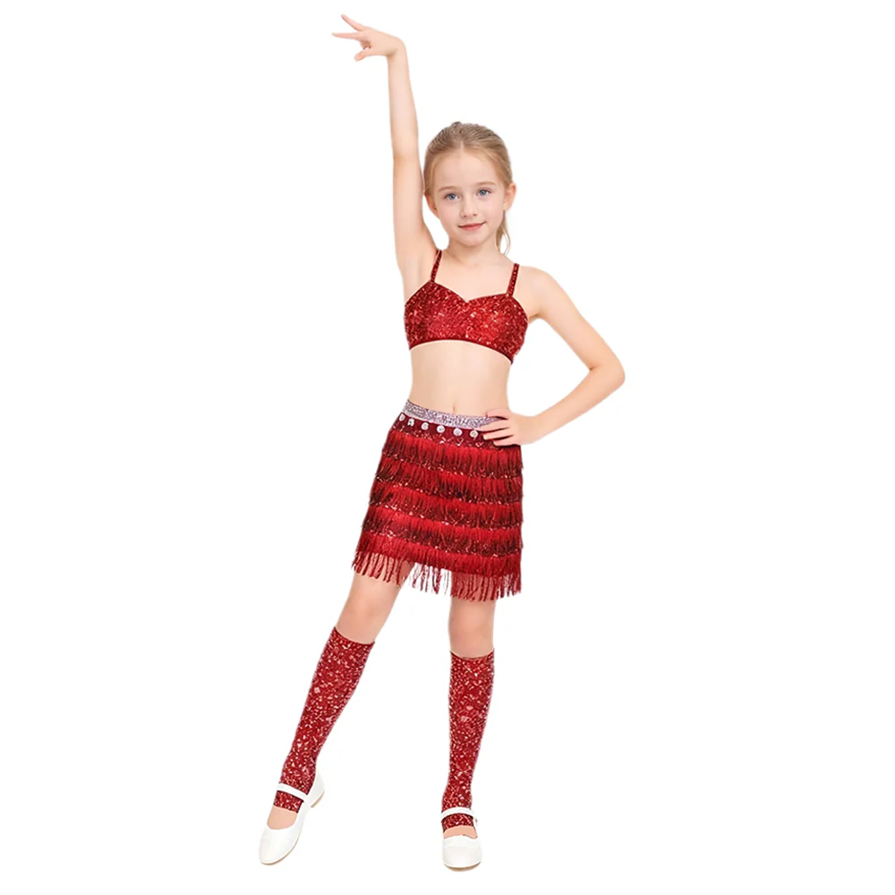 Popstar Performance Costume Red Sequin Fringe Skirt with Sparkly Bra and Leg Warmers for Cosplay