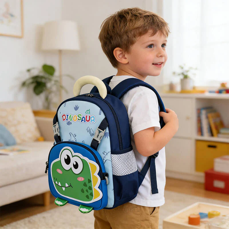 Preschool Backpack Cartoon Dino Schoolbag with Reflective Strip and Detachable Front Pouch - Image 8