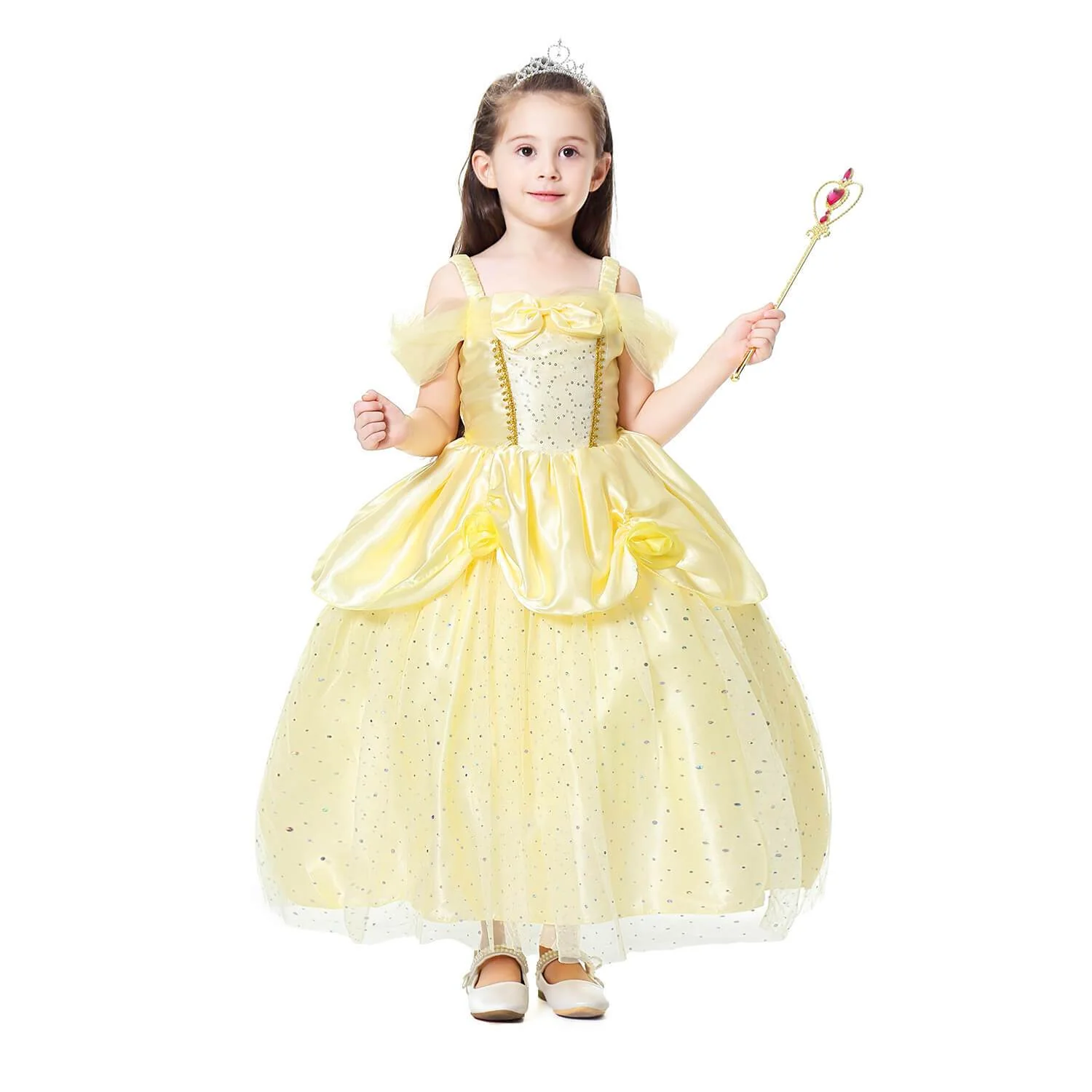 Princess Girls Costume Shining Sequin Overlay Party Dress Off Shoulder Layered Dress - Image 5