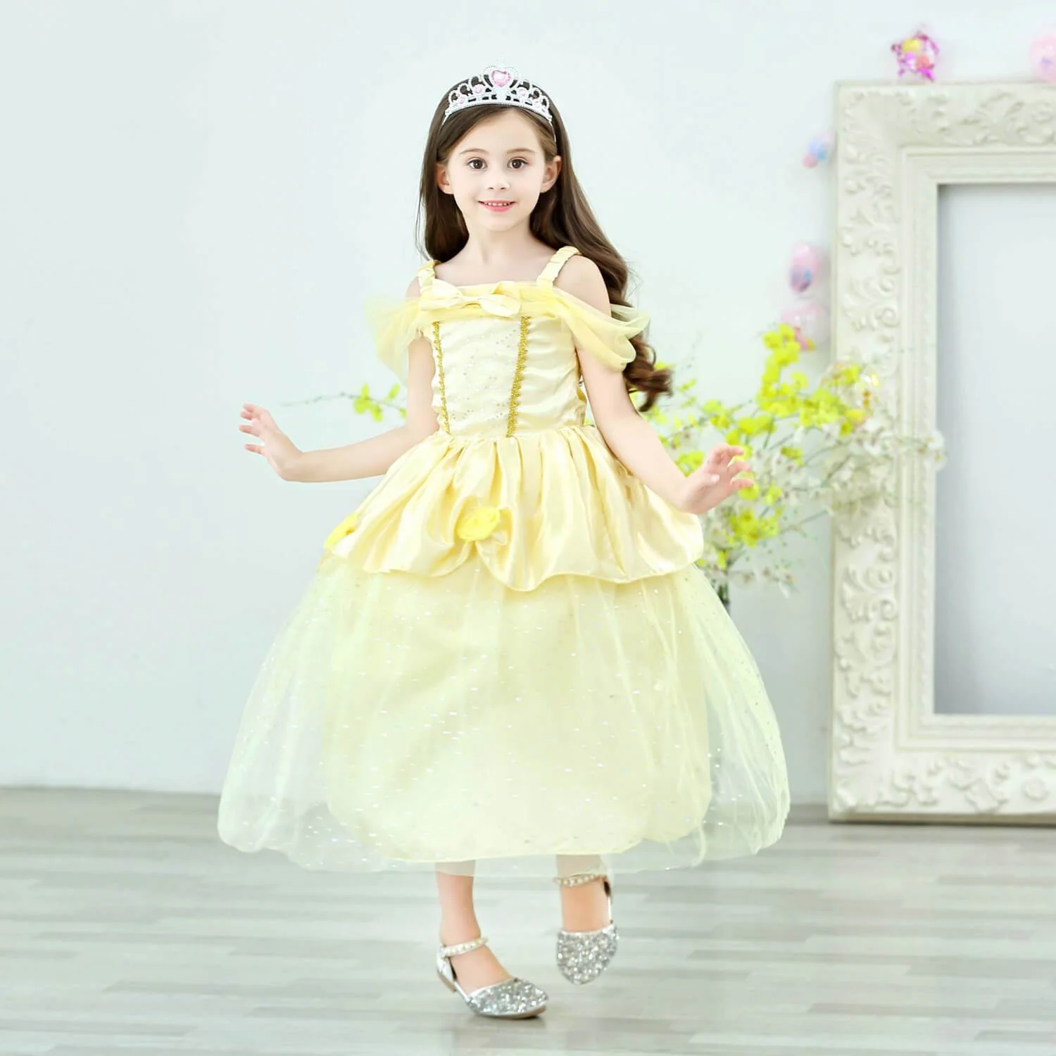 Princess Girls Costume Shining Sequin Overlay Party Dress Off Shoulder Layered Dress - Image 6